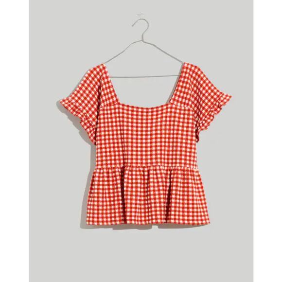Madewell Tops - Madwell Red & White Gingham Knit Ruffle-Hem Top-Size M